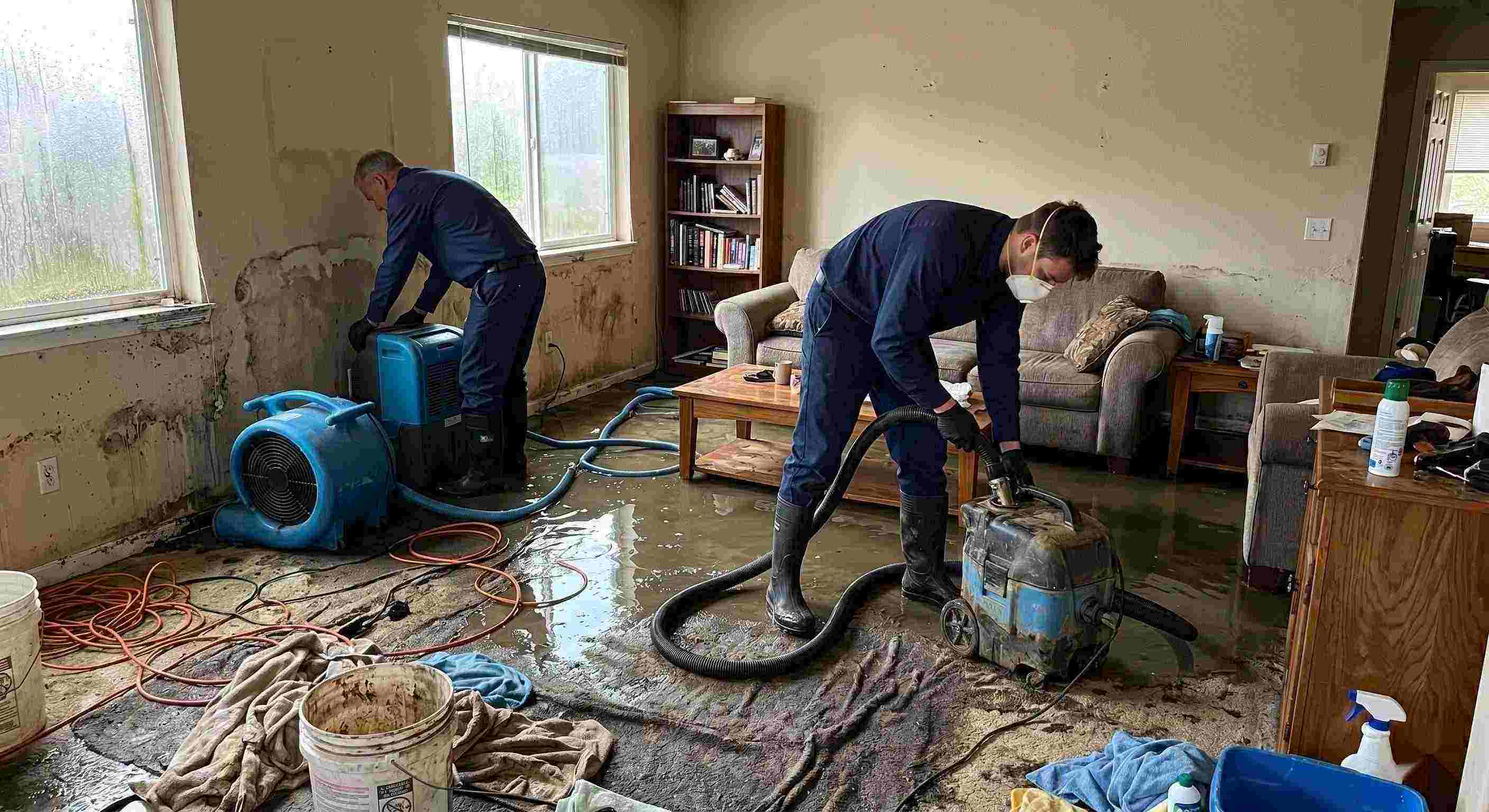 Storm water damage cleanup in a residential home showing technicians removing standing water and setting up drying equipment in Cape Coral.