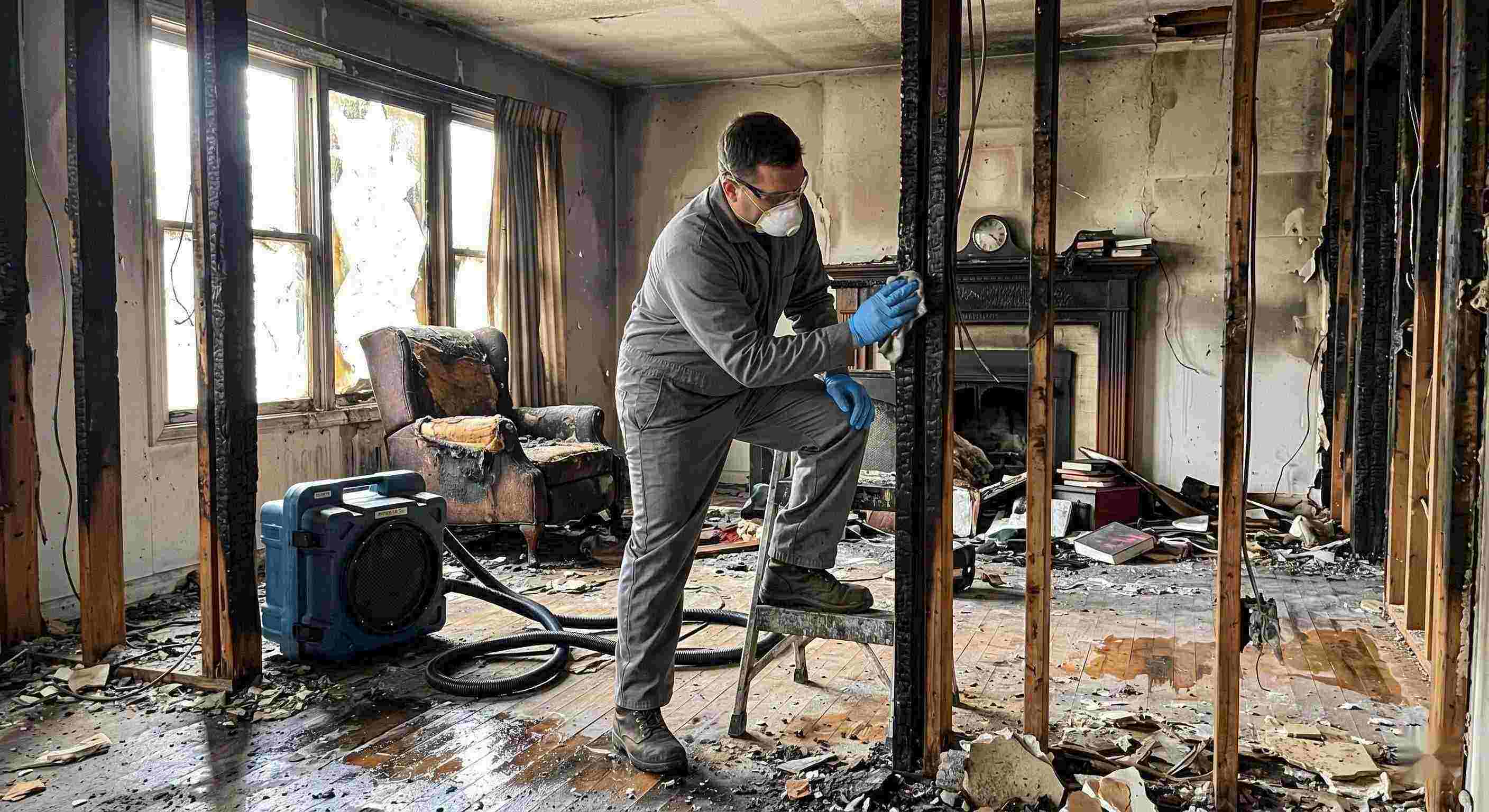 Reliable fire damage structural cleaning after a residential fire in Bonita Springs showing soot-covered beams, charred walls, and a technician restoring the home.
