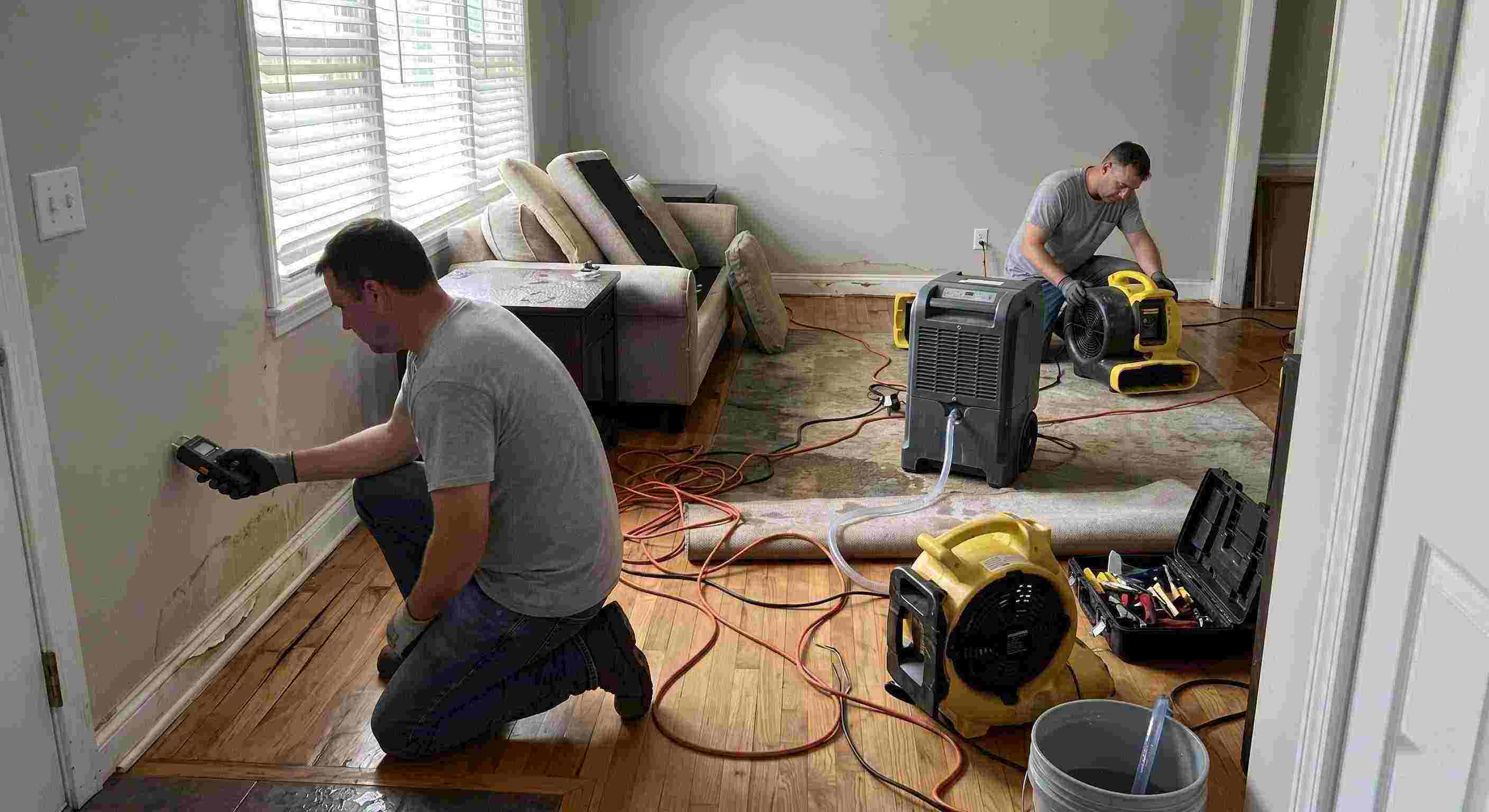 structural drying and dehumidification equipment removing moisture inside a water damaged home in Cape Coral