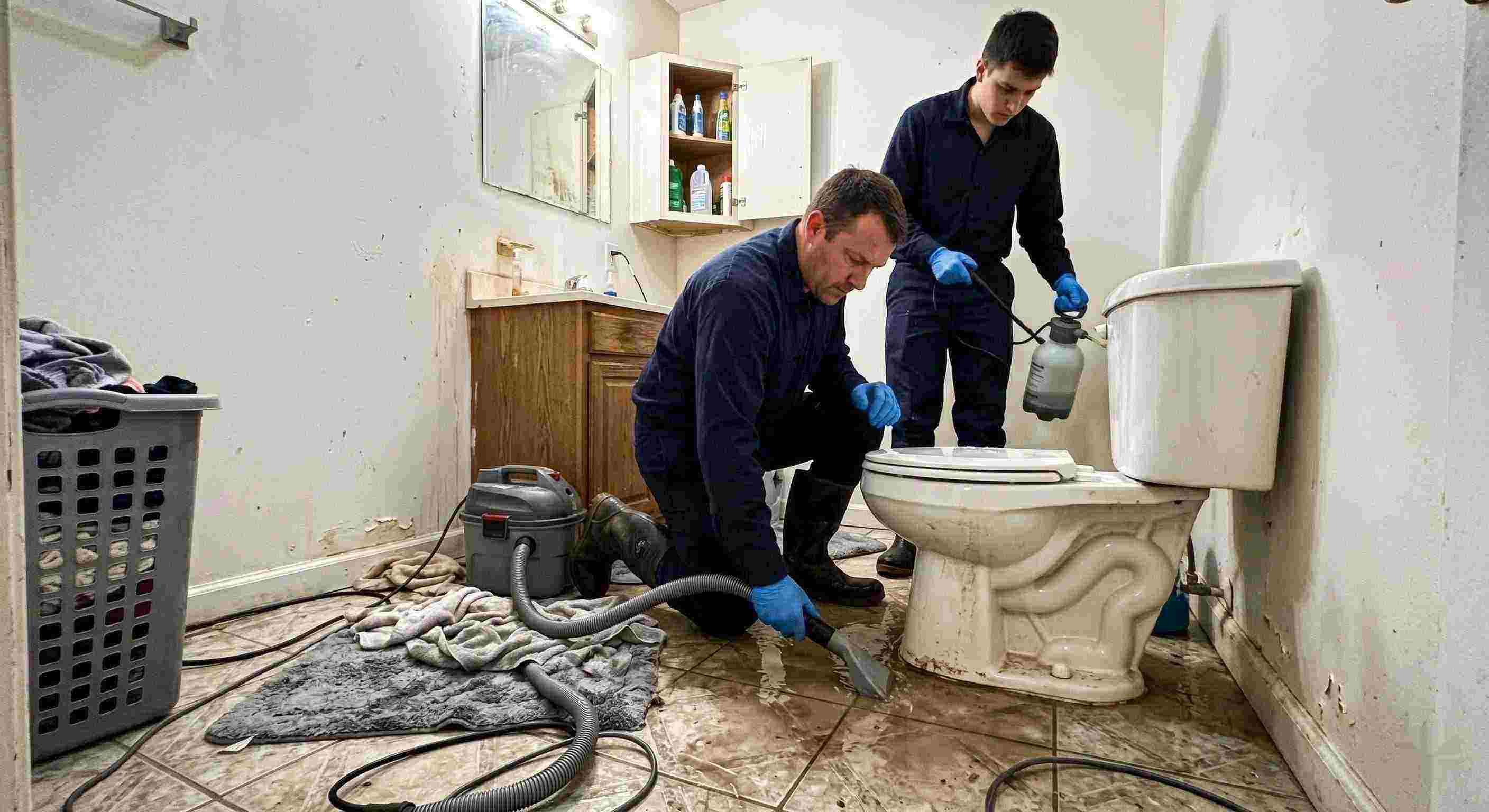 toilet overflow cleanup service in Cape Coral with technicians extracting contaminated water from bathroom floor