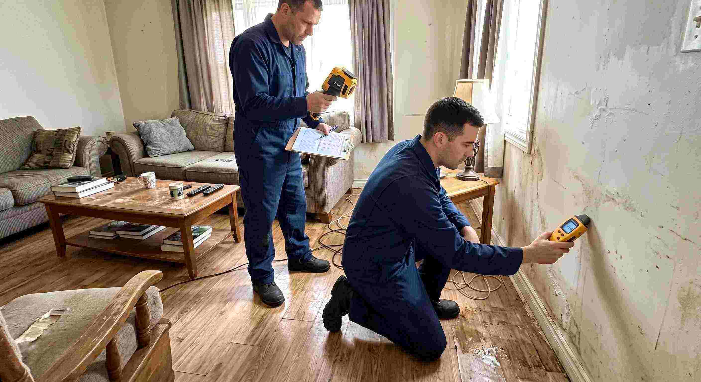 Fast water damage inspection technician using moisture meter and thermal imaging in Estero home