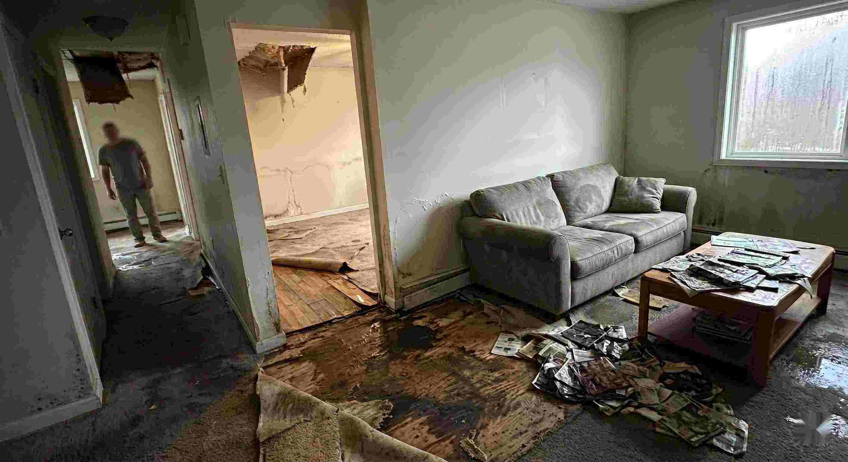 Best severe indoor water damage in Estero home with soaked floors, peeling walls, and structural deterioration