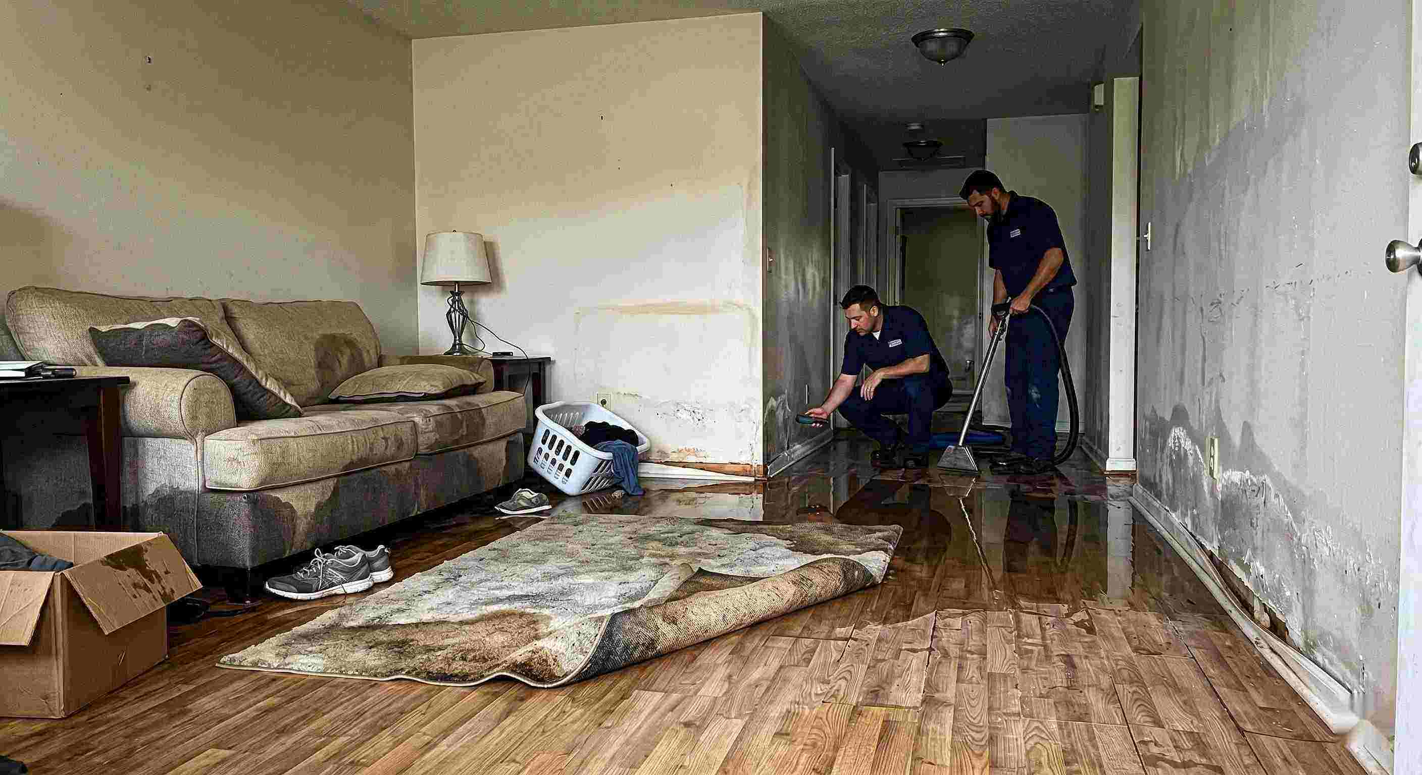 water damage spreading across floors and walls inside a home in Cape Coral showing soaked flooring and structural impact