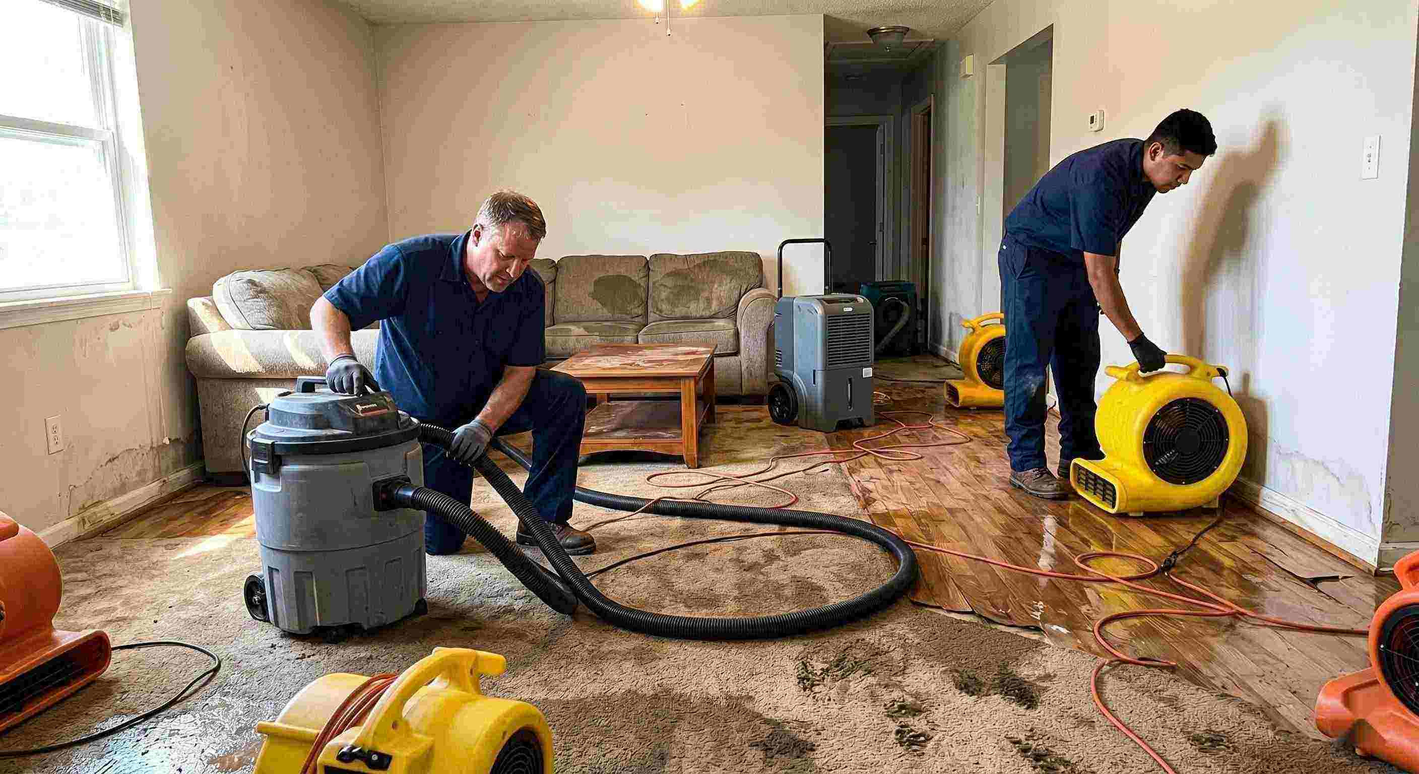 Top-rated water extraction and drying service in Estero removing standing water and moisture from flooded home interior