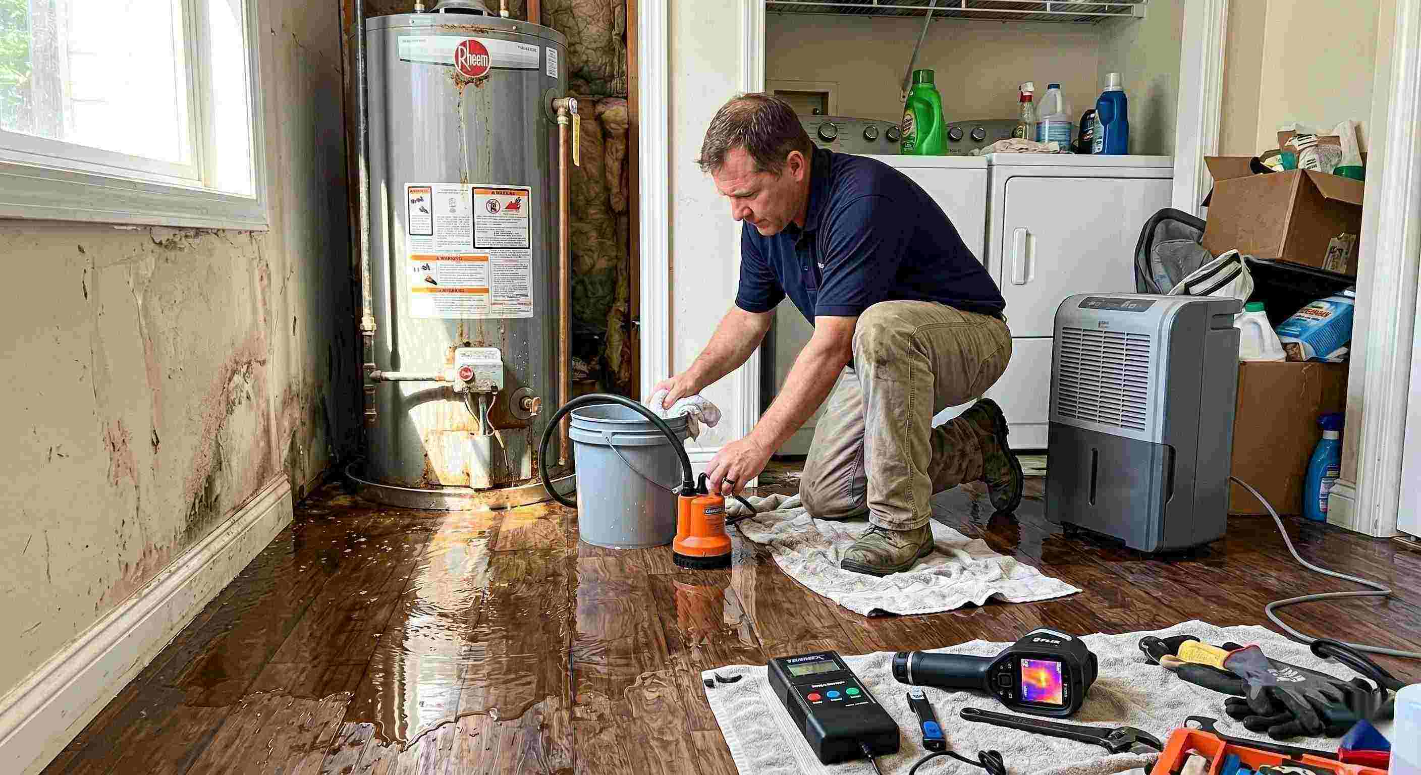 Technician performing water heater leak damage restoration in a home with water pooled on the floor and visible moisture damage in Cape Coral