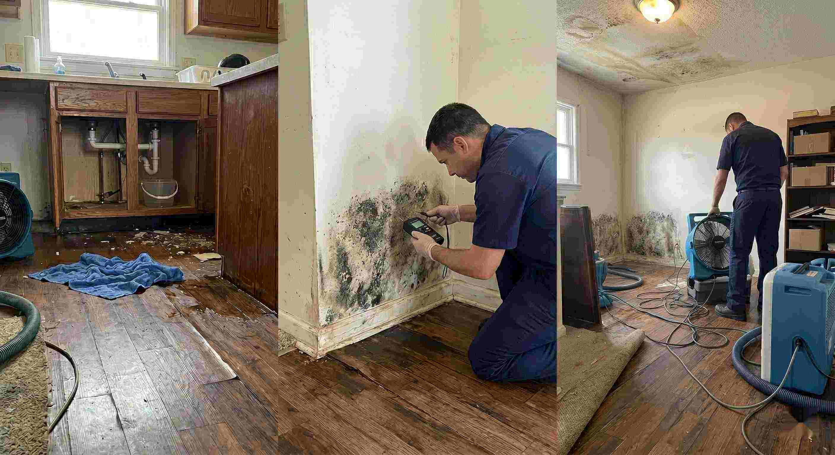 Realistic photo of water leak damage inside a home, showing pooled water, damp flooring, and technicians performing leak damage restoration in Cape Coral.