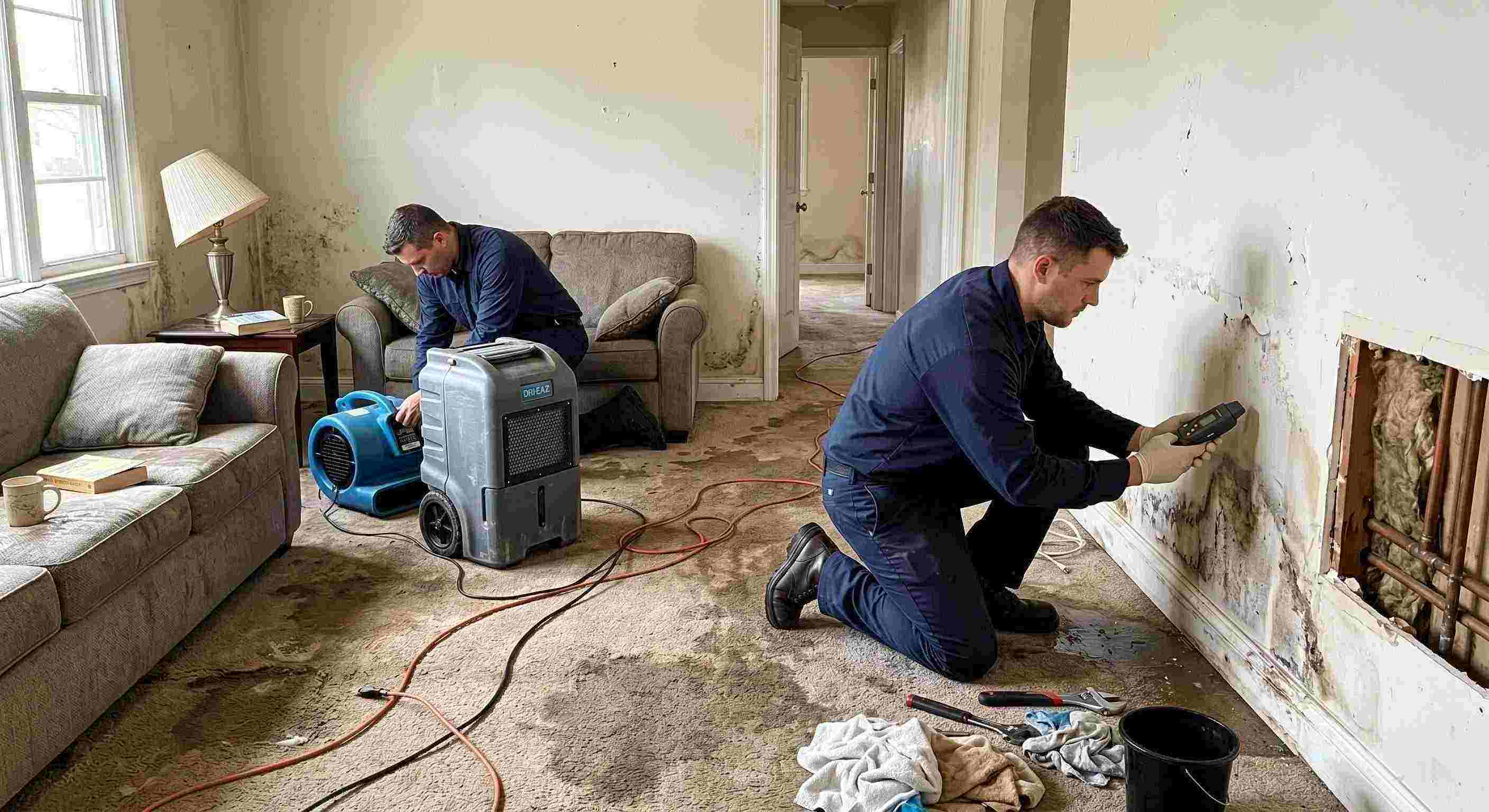 Realistic water leak damage repair scene in a residential home showing technicians locating and repairing a hidden pipe leak in Cape Coral.