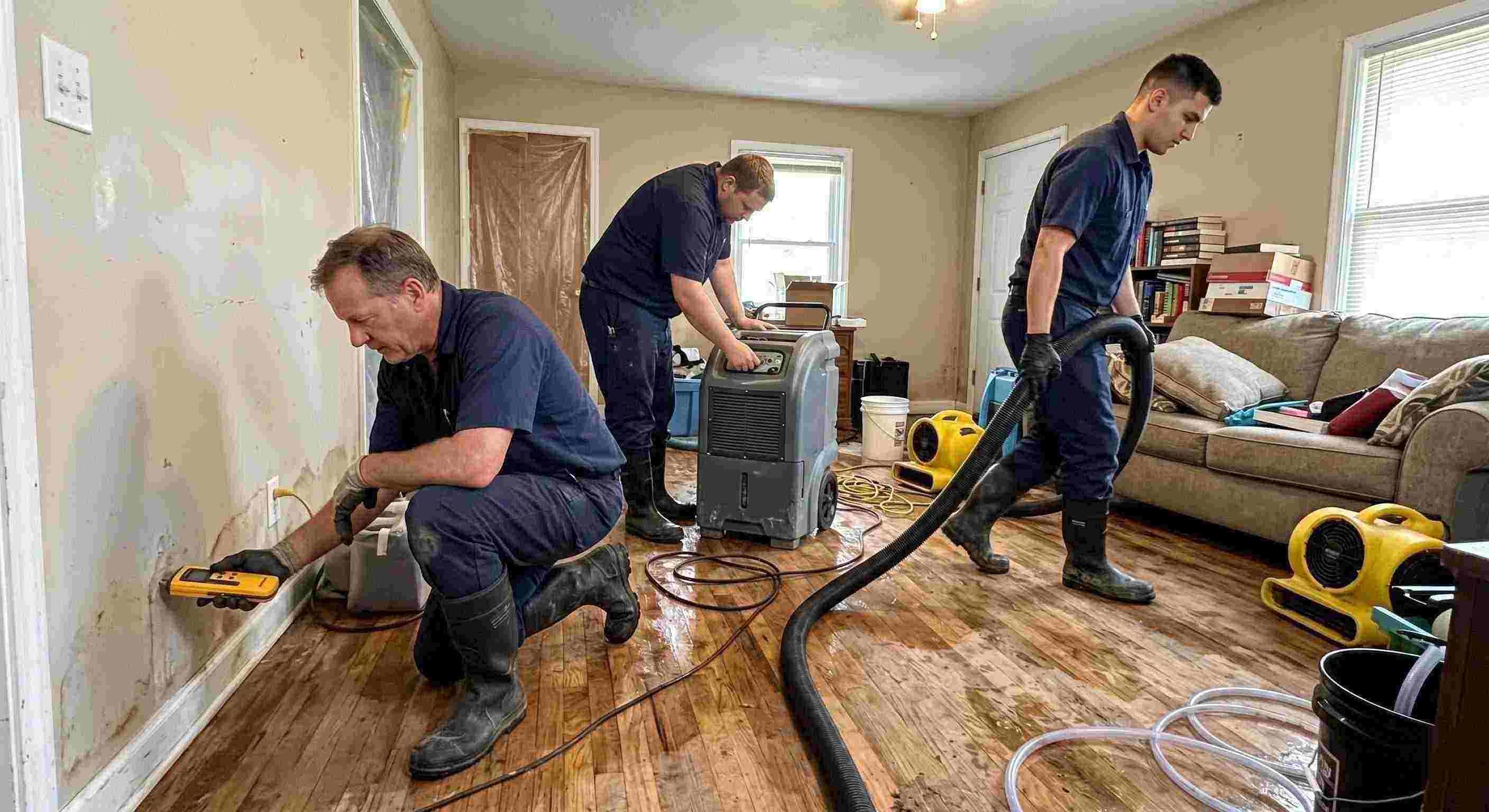 water restoration experts team using professional equipment during water extraction in Cape Coral