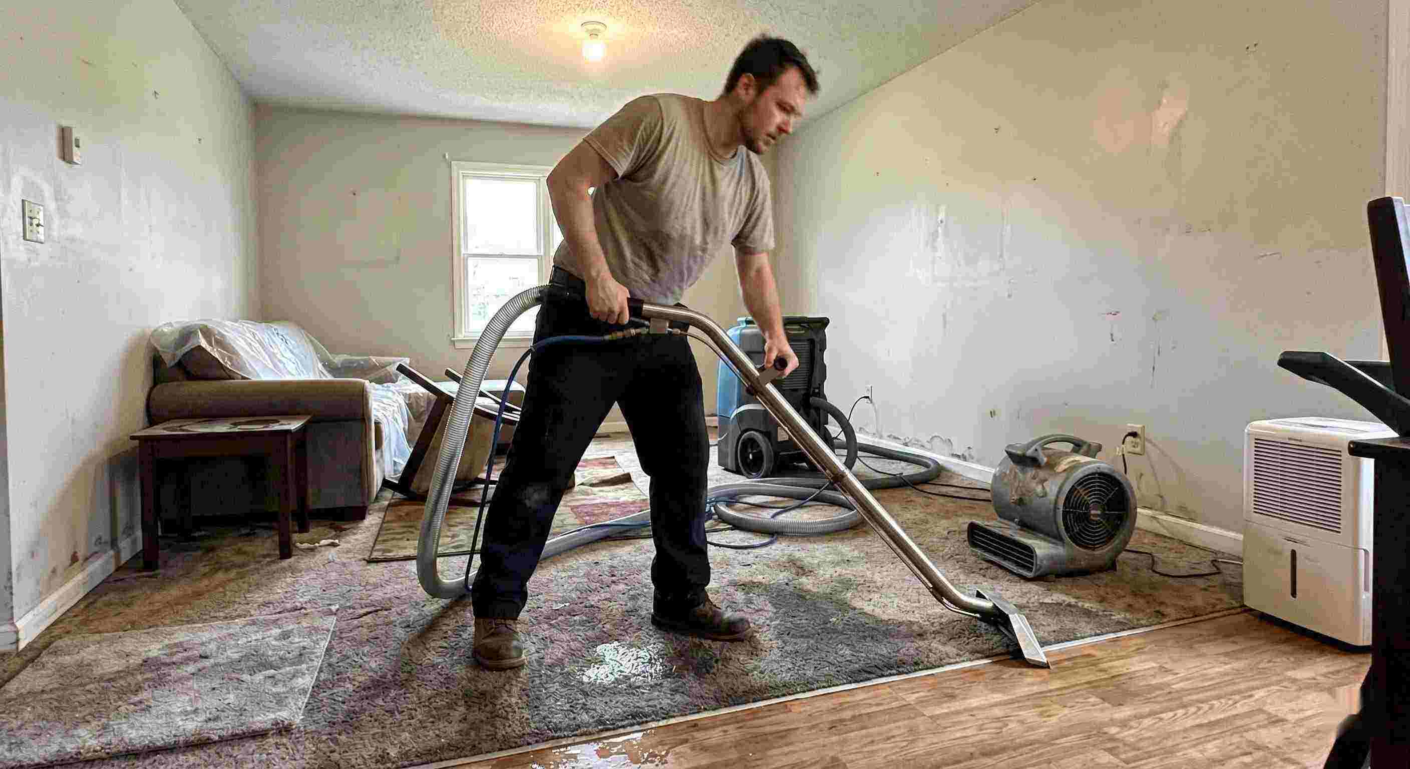 Water extraction technician removing water during restoration process in a residential home in Cape Coral