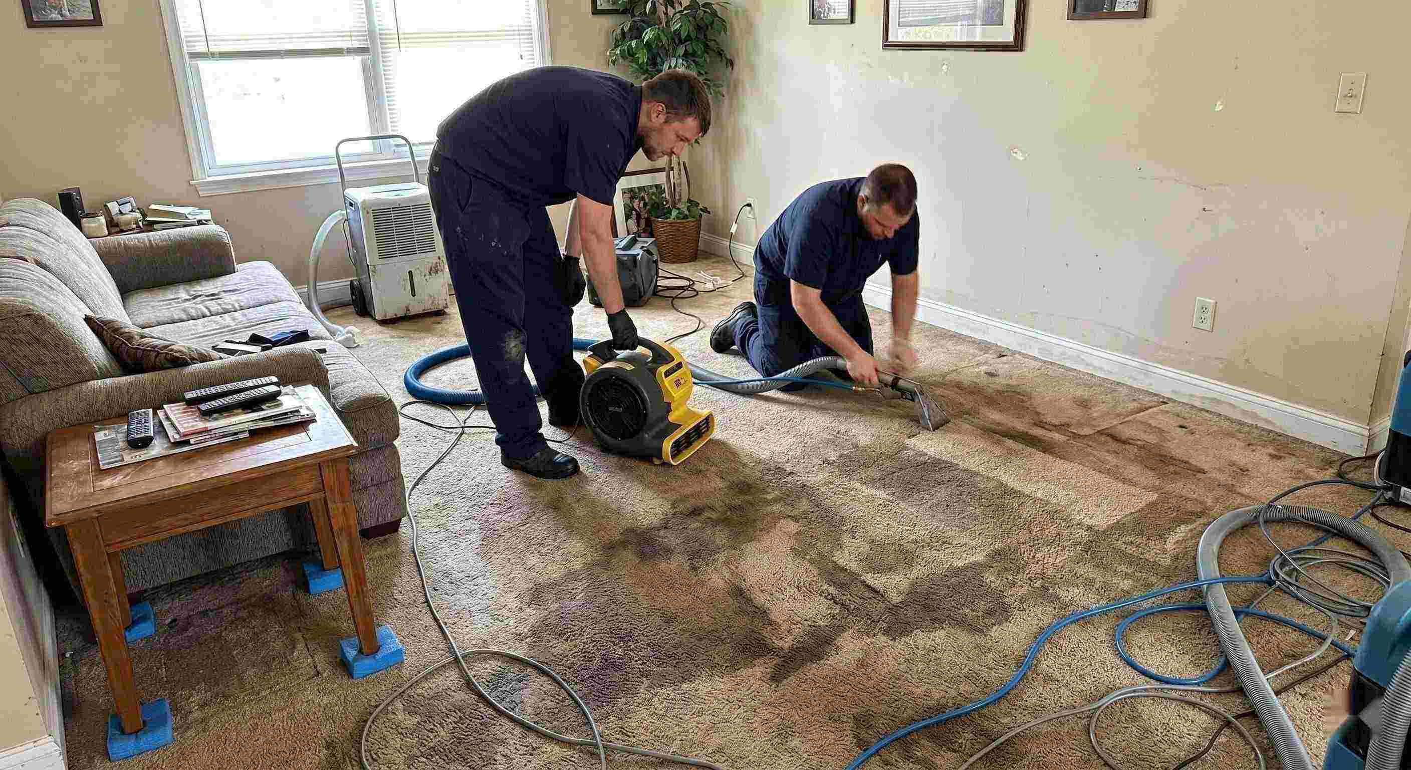 wet carpet cleanup service in Cape Coral removing moisture from soaked residential carpet using extraction and drying equipment