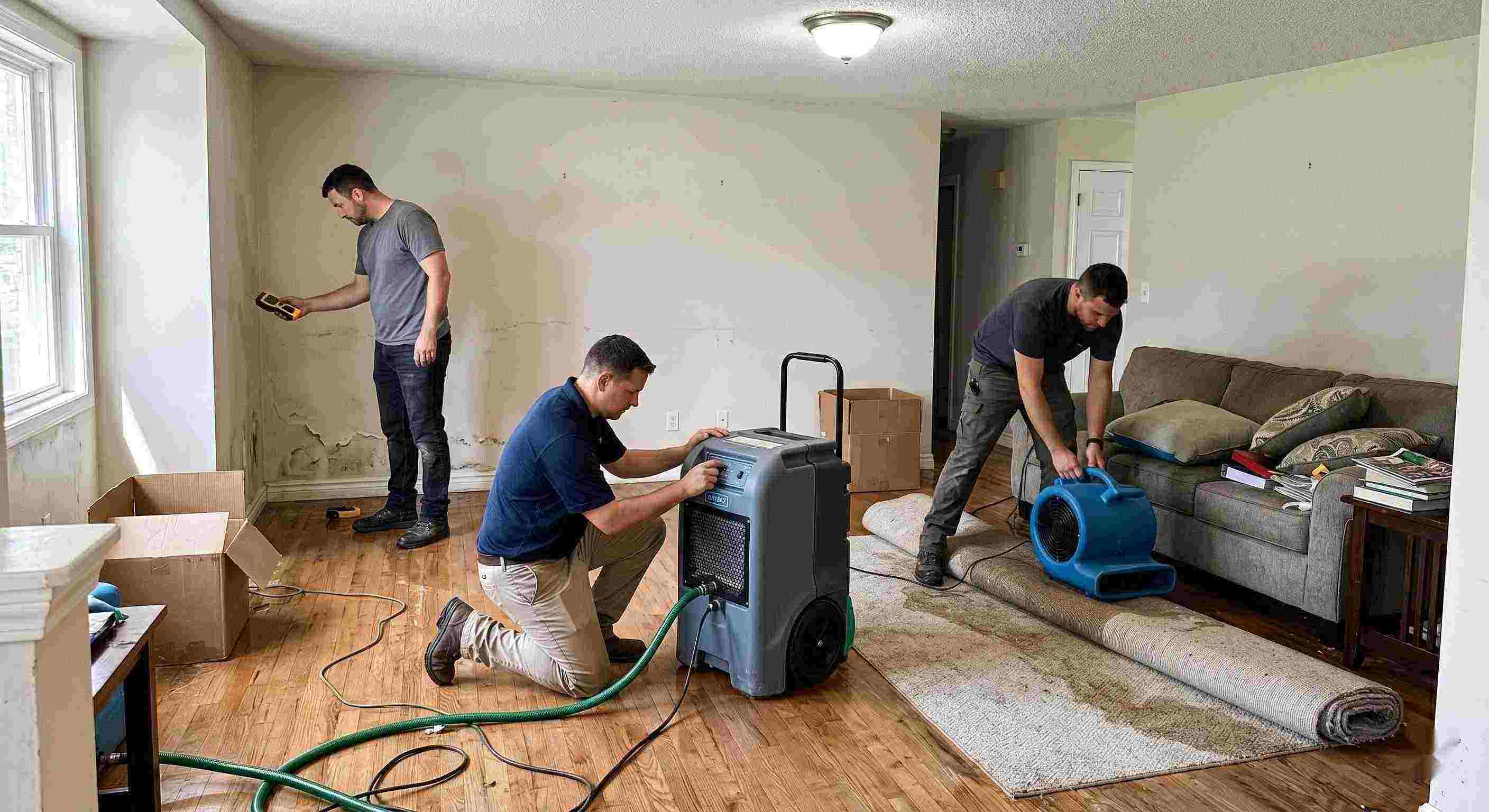 Local flood restoration team working in a water-damaged home, showing equipment and hands-on cleanup process in Cape Coral