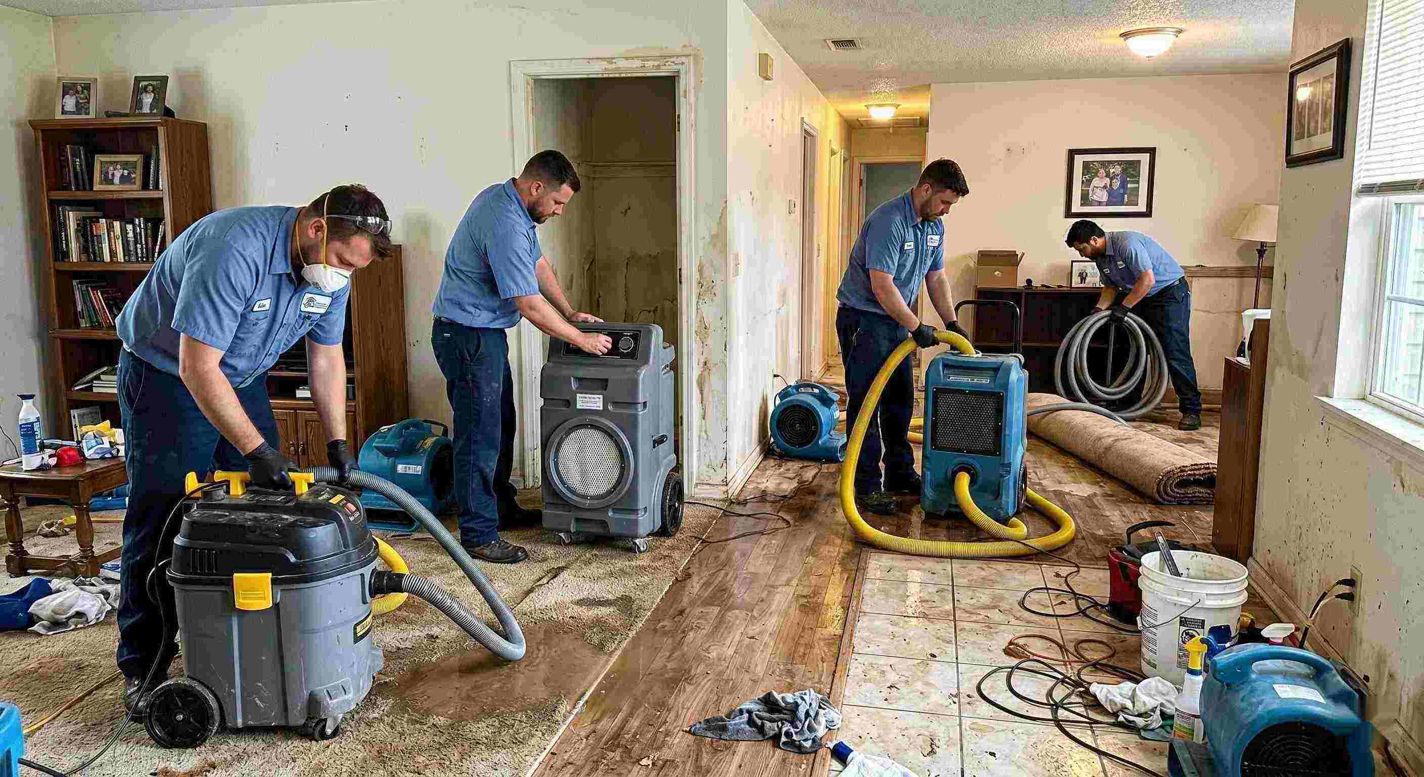 Realistic photo of sewage backup cleanup team using professional equipment in a home interior, showing trust, teamwork, and proper restoration techniques in Cape Coral.